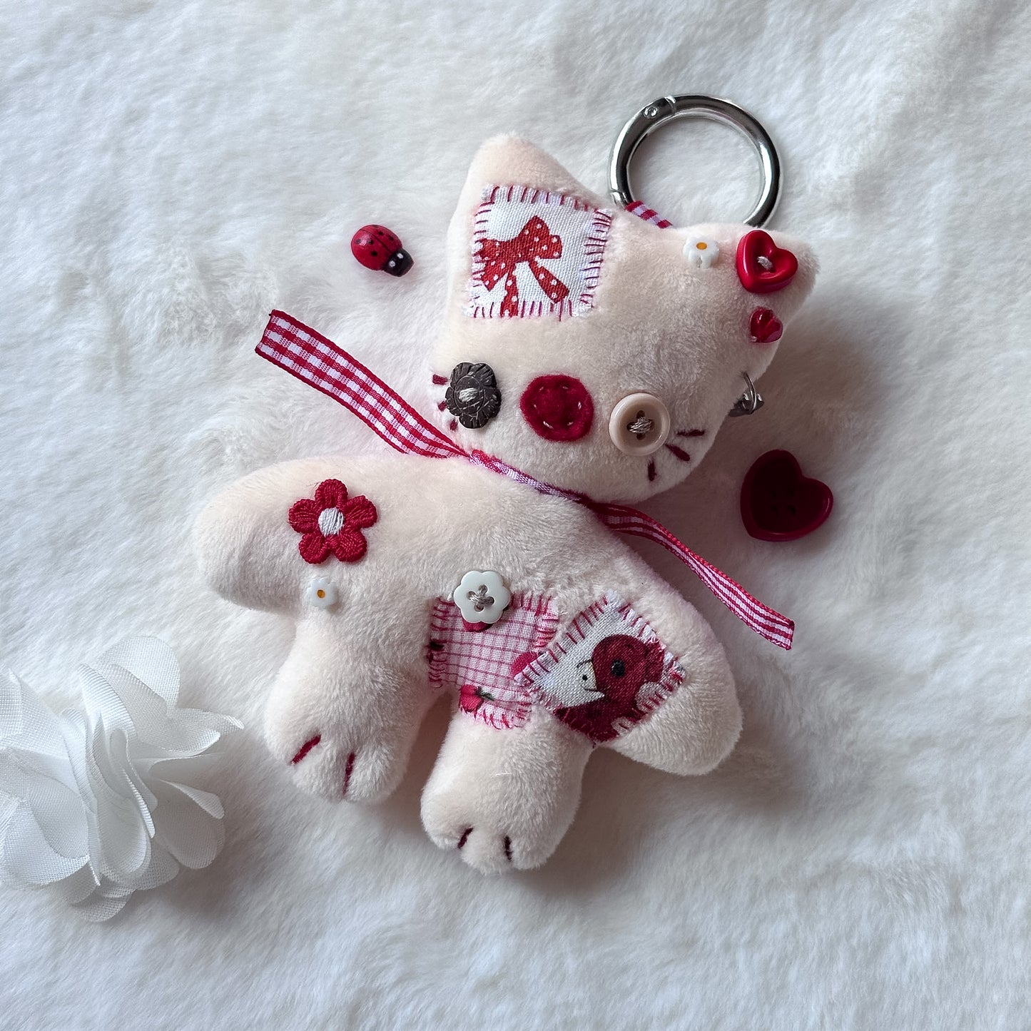Beige Patchwork Cat Plush Charm