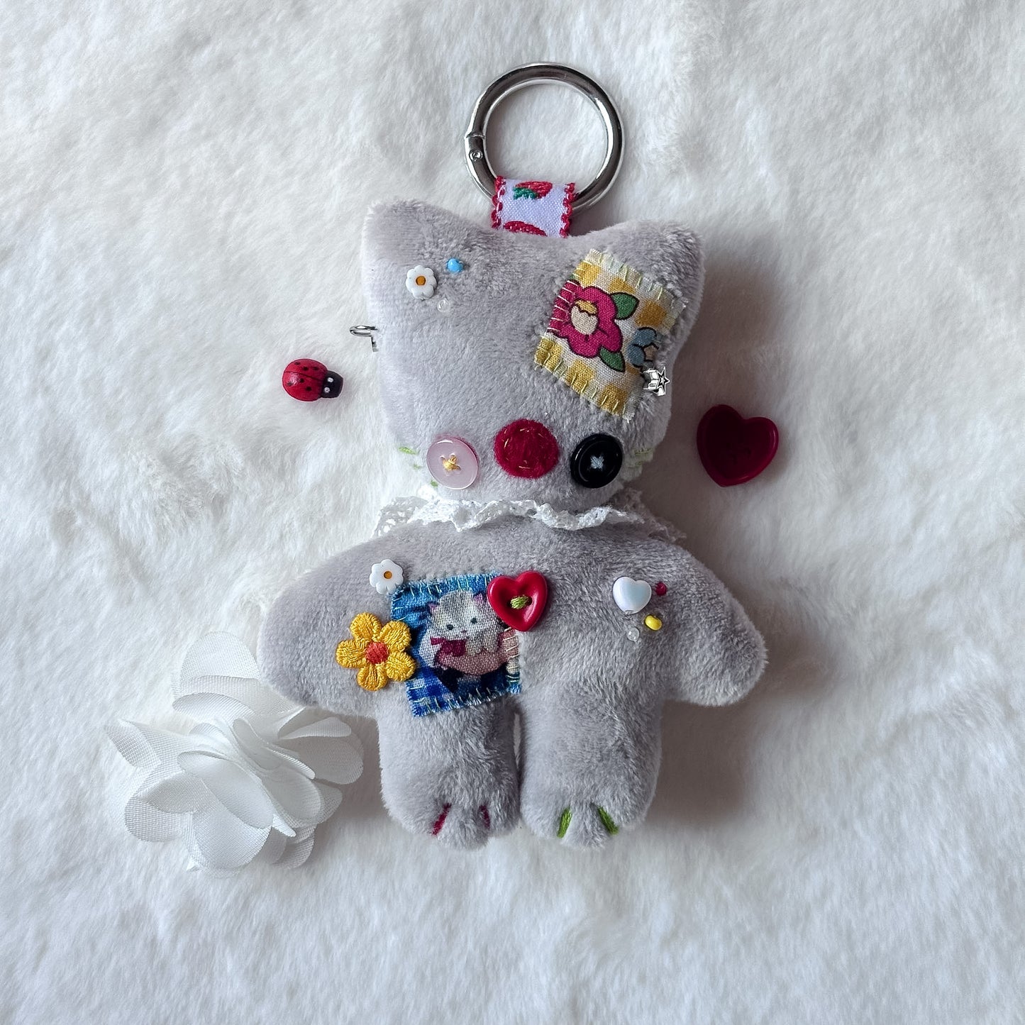 Grey Patchwork Cat Plush Charm