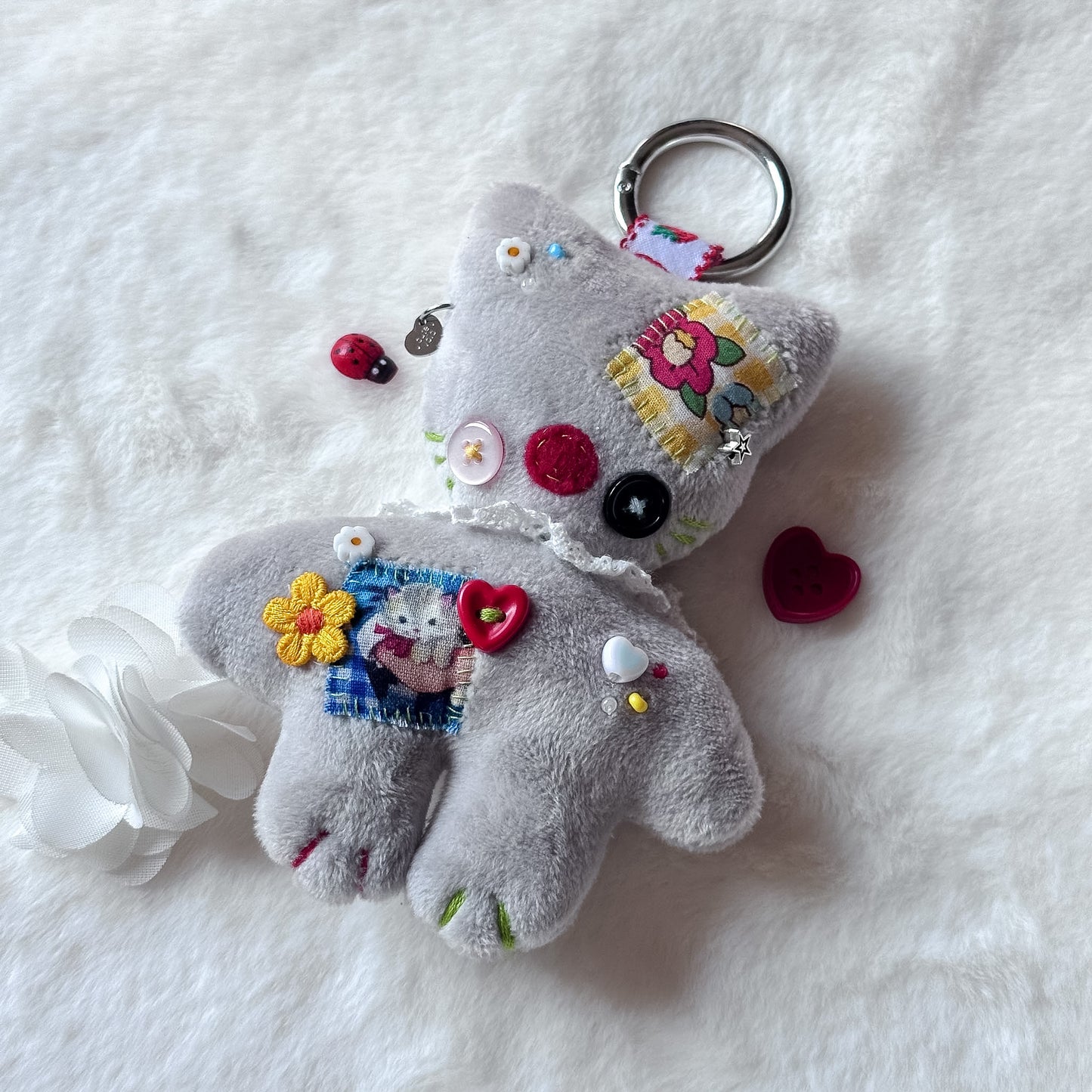 Grey Patchwork Cat Plush Charm