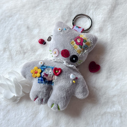 Grey Patchwork Cat Plush Charm