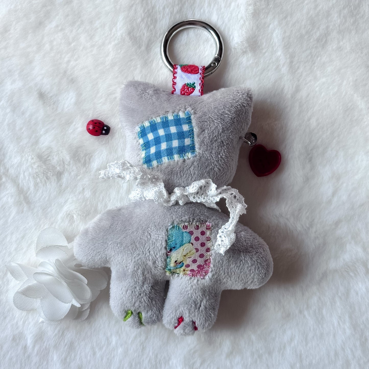 Grey Patchwork Cat Plush Charm