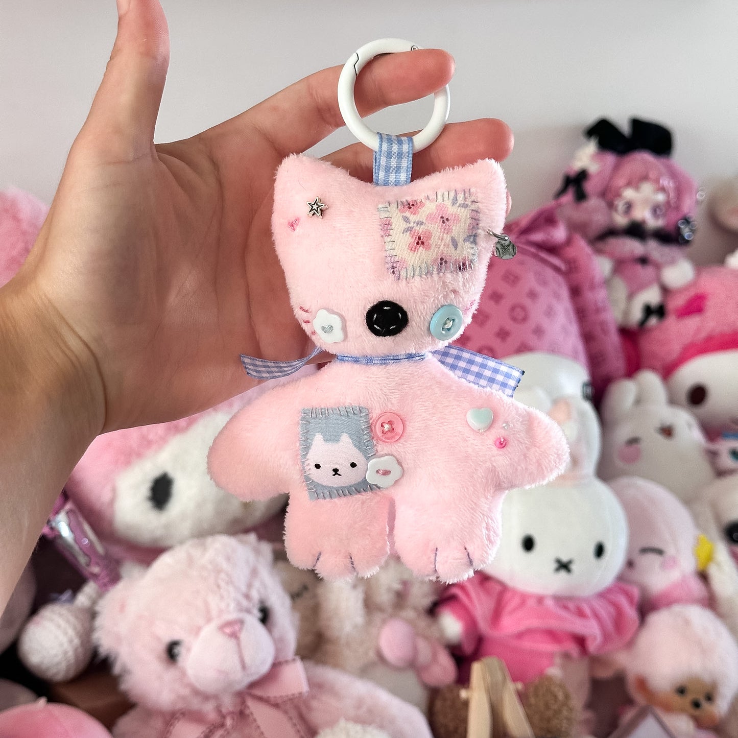 Pink Patchwork Cat Plush Charm