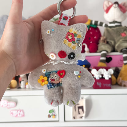 Grey Patchwork Cat Plush Charm