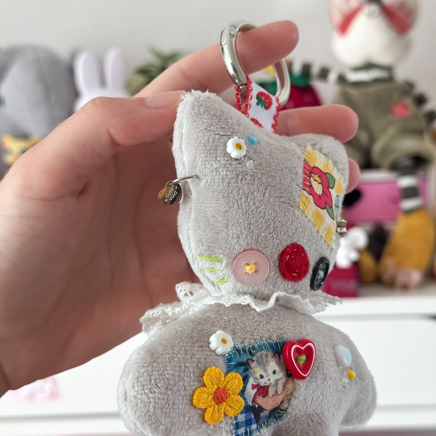 Grey Patchwork Cat Plush Charm