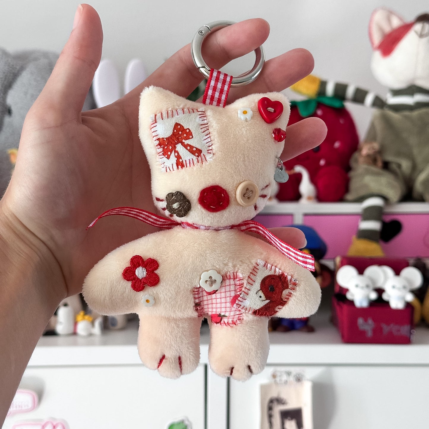 Beige Patchwork Cat Plush Charm